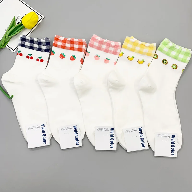 

Plaid Fruit Woman Sock Kiwi Fruit Strawberry Cherry Print for Women Socks Crew White Cotton Soft Kawaii Hosiery Spring Summer