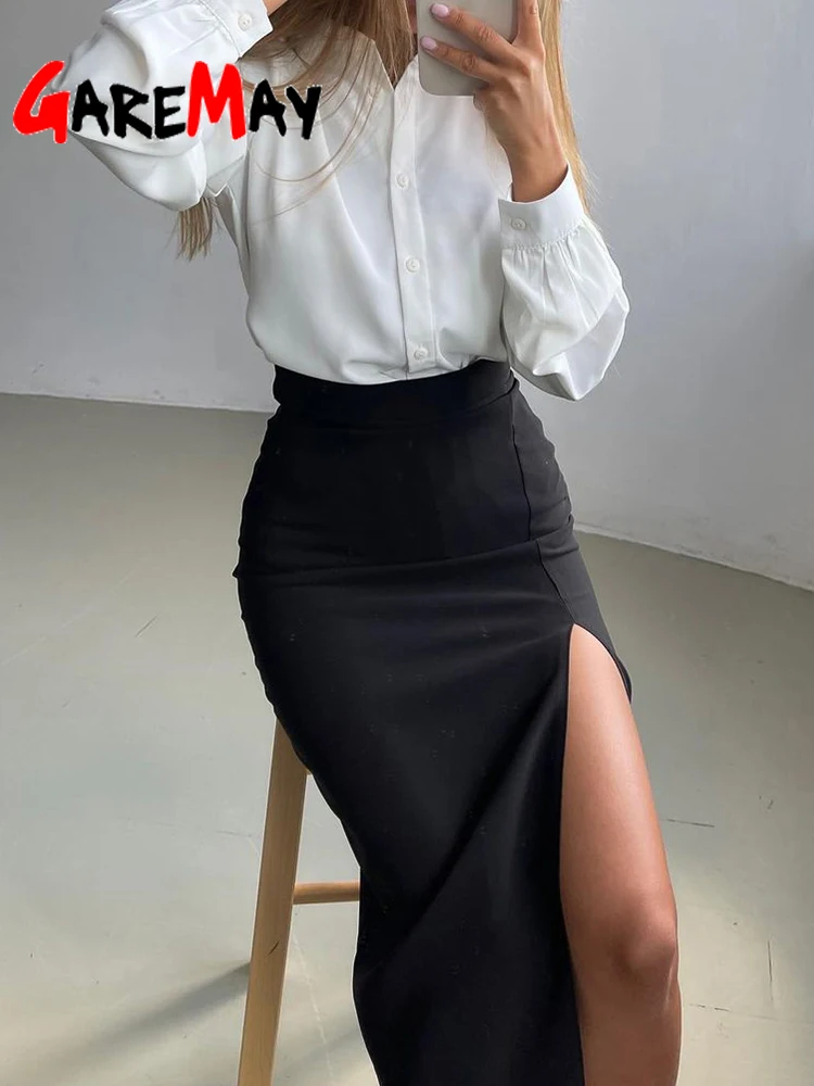 Повседневная Осенняя юбка средней длины с разрезом белая элегантная женская