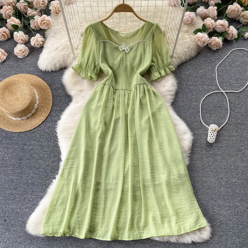 

WEIHAOBANG 2022 Summer Women New Solid Color Short Sleeve Square Neck Dress Medium Long High Waist Loose Casual Dress