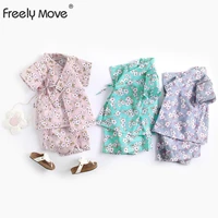 freely move summer baby girl boys clothing belt pajamas set short sleeved floral print cute soft newborn infant baby bathrobe