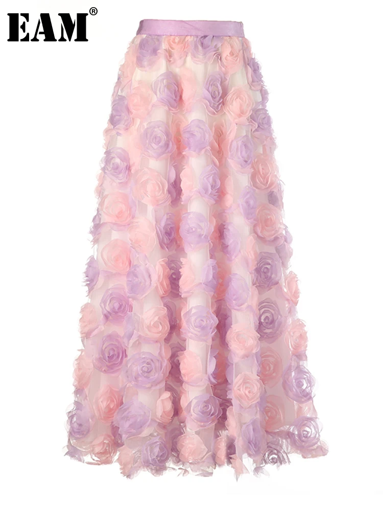 

[EAM] юбка с высокой эластичной резинкой на талии, розовая, фиолетовая, с объемным цветком, длинная, средней длины, женская мода, новинка, весна-осень 2023, 1DF8318