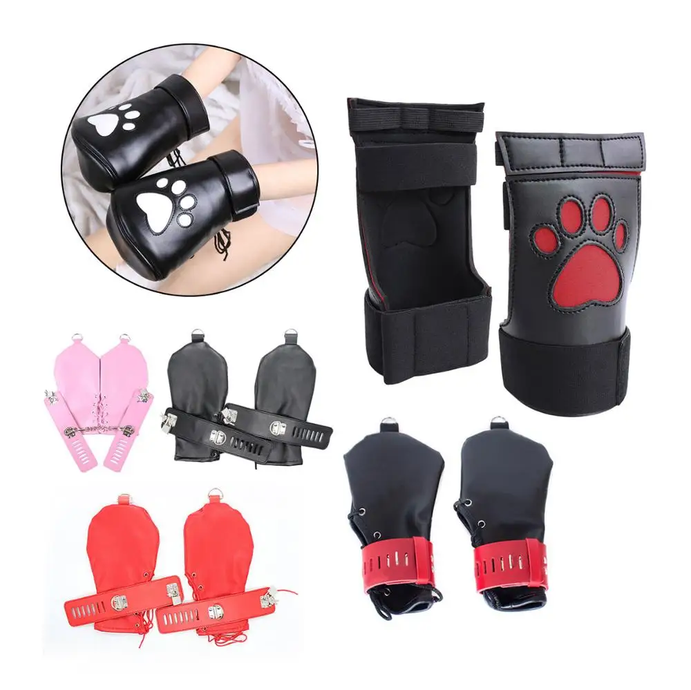 

Pu Leather BDSM Bondage Fetish Sex Handcuffs Puppy Role Play Dog Gloves Wrist Cuffs Paw Padded Fist Mitts Accessories Sexy Toys