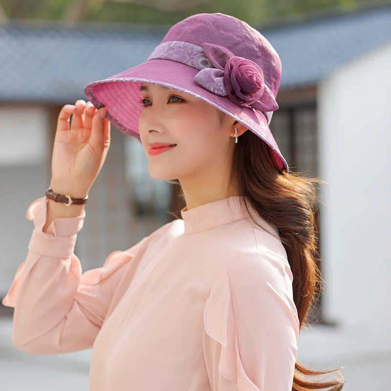

Women's Spring Summer Sun Hats Floral Design Midle Age Woman Vintage Sunscreen Bucket Cap New