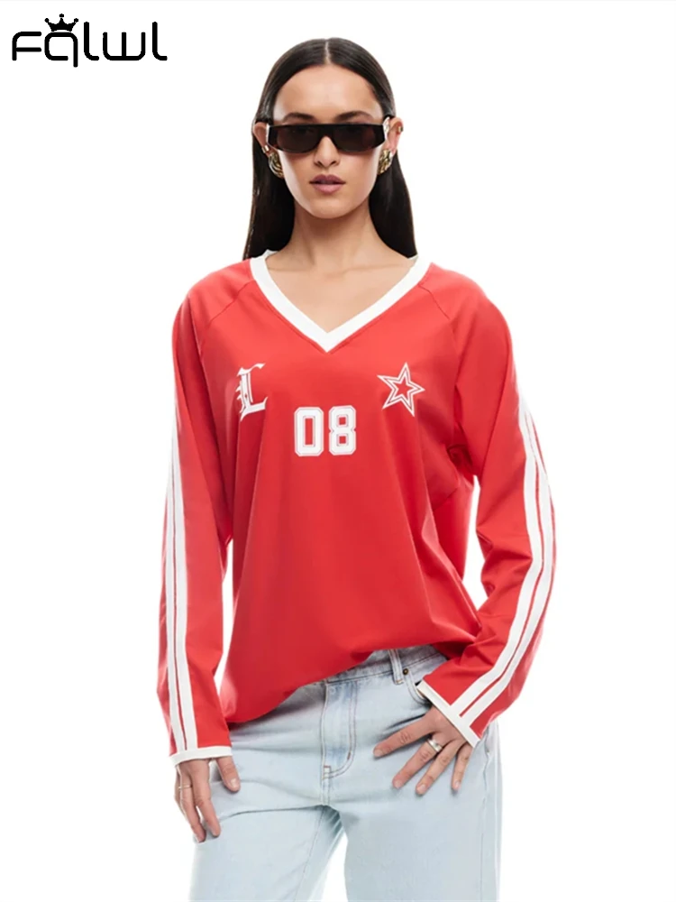 Женская футболка с длинным рукавом V-образным вырезом и принтом