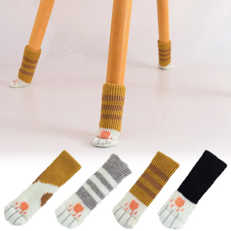 

4pcs Cat Paw Table Foot Socks Chair Leg Covers Floor Protectors Non-Slip Knitting Socks for Furniture Cartoon Home Decor
