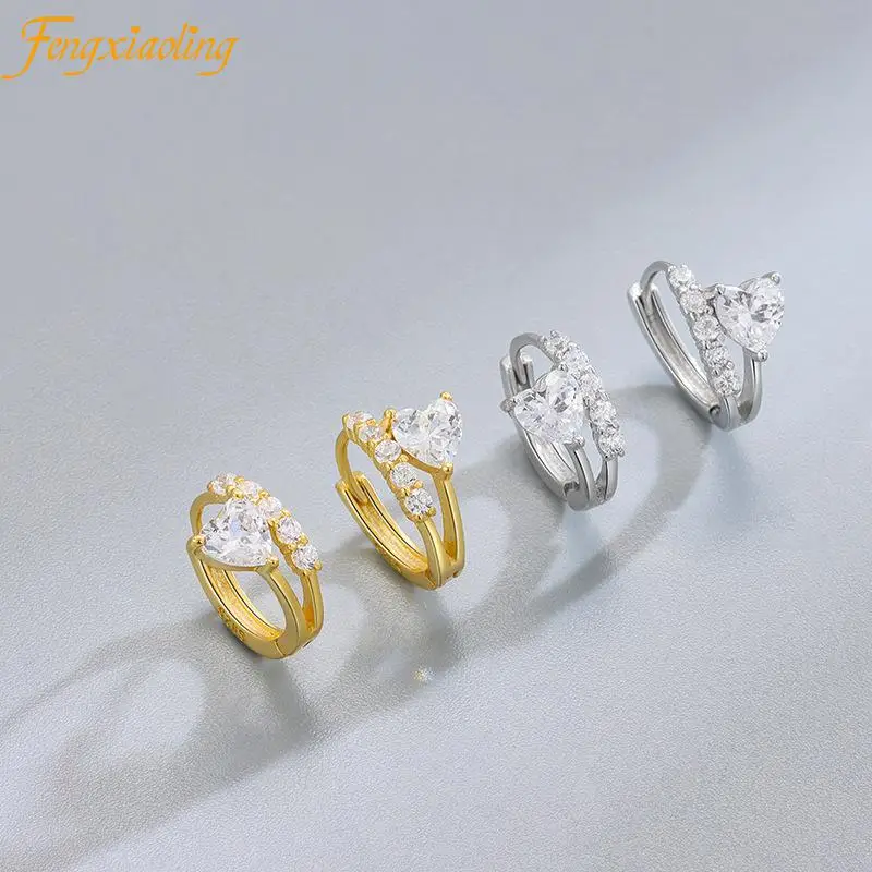 

2021 New Real 100% 925 Sterling Silver Heart Zircons Hoop Earrings For Women & Girls Fine Jewelry Cute Accessories Gifts