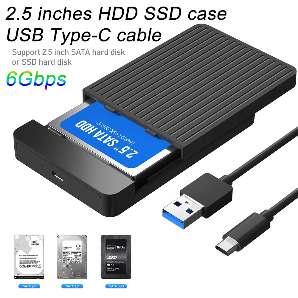 HDD Case 2.5 Inch Hard Drive Enclosure Mobile Hard Disk Box HD SSD SATA To USB Type-C Cable External Support 6TB Harddisk Boxs