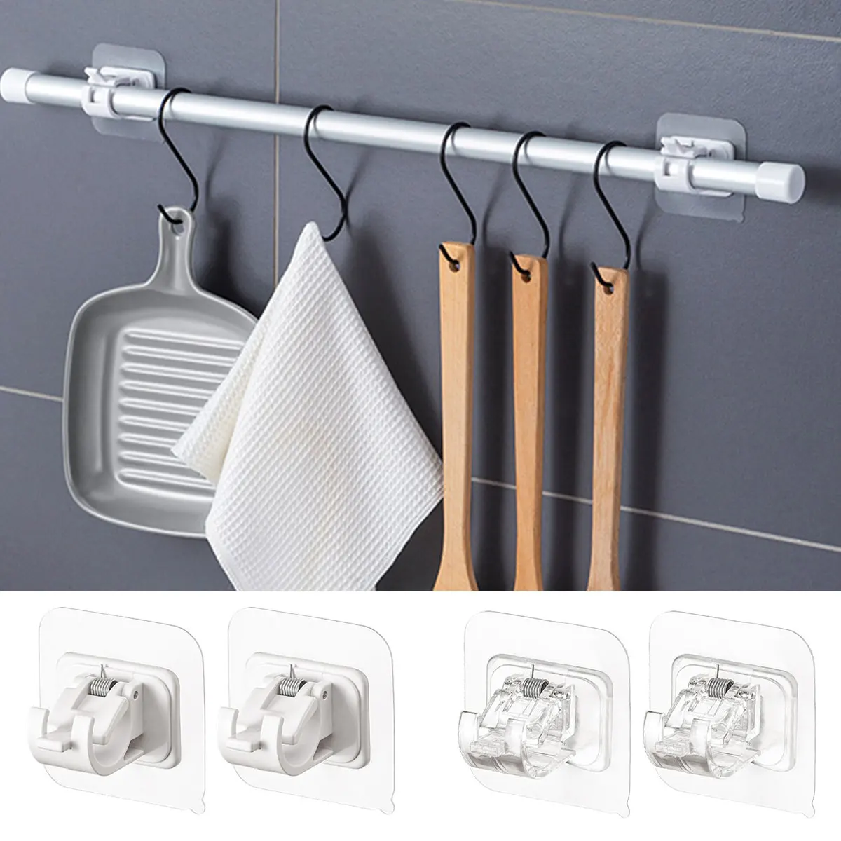 

2pcs Self-Adhesive Adjustable Curtain Rod Holder Clamp Hooks Rod Bracket Holders Adhesive Wall Curtain Hanging Rack Hook