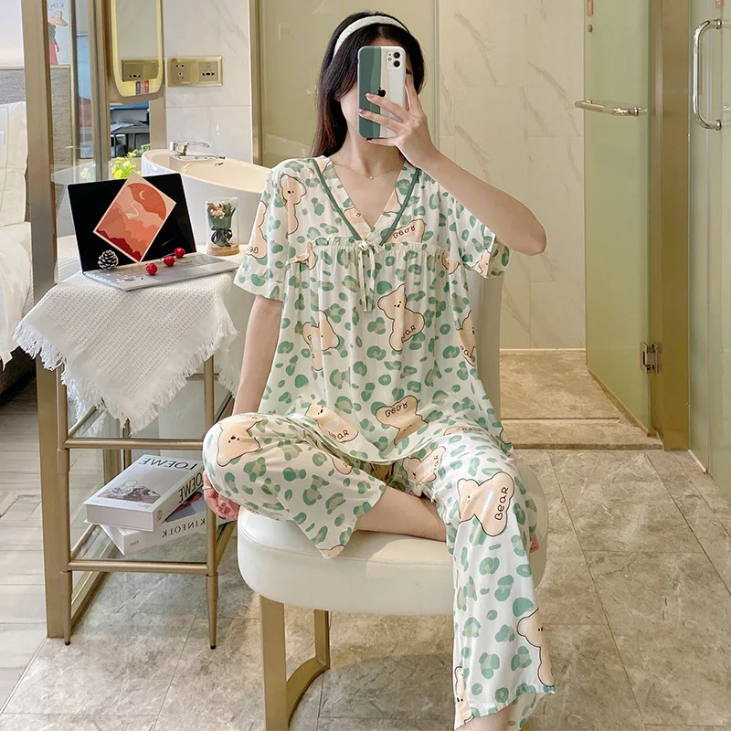 Spring and Summer New Pajamas Women's Short-sleeved Trousers Cotton Silk Suit V-neck Korean Version Thin Section Home Service