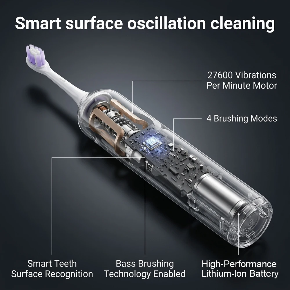 Электрическая зубная щетка MIJIA Oscillation Pro, 180-дневный срок службы батареи, 4 умных режима, LED-экран и блокировка для путешествий, с двумя насадками. (art.: 3920da349ddf4) - 3920da349ddf4