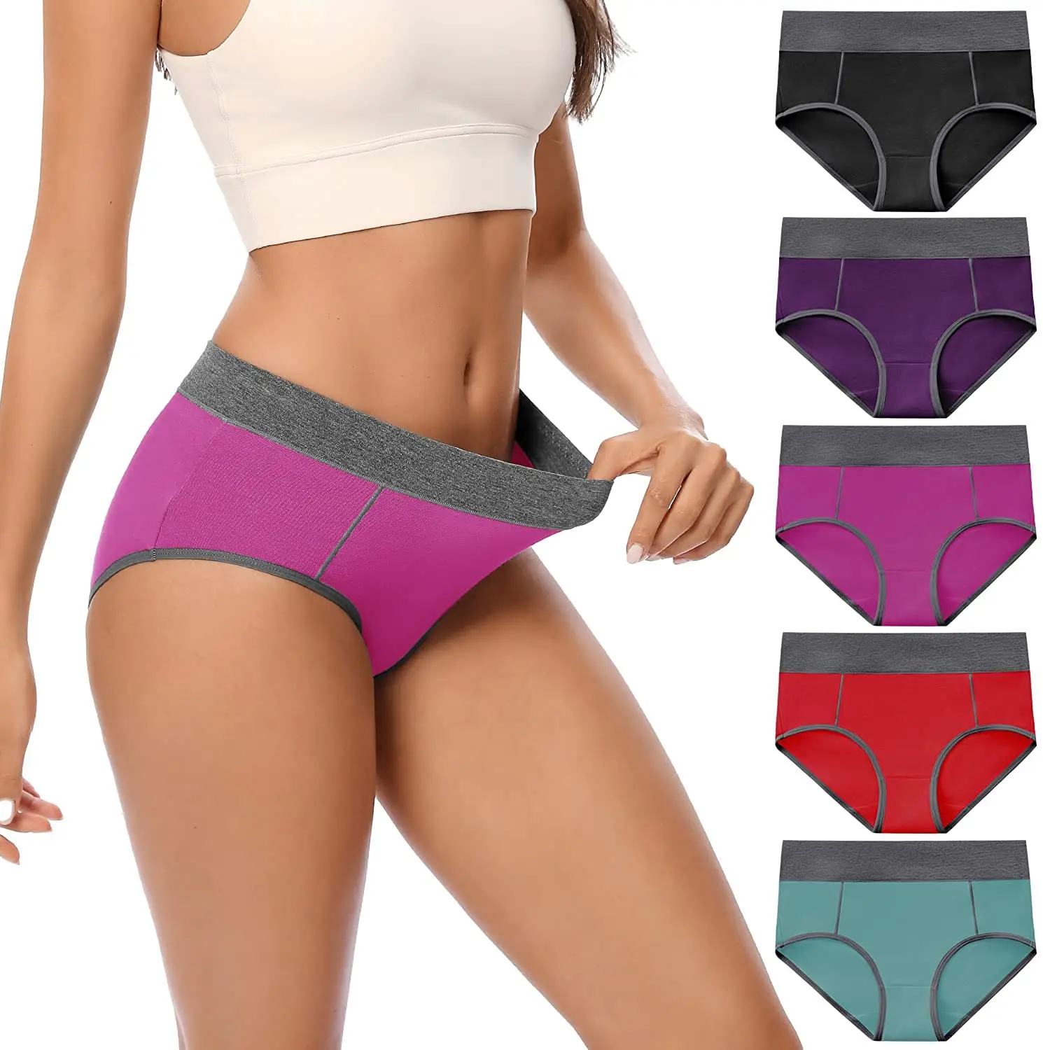 

Women's Cotton Stretch Underwear Ladies Mid-high Waisted Briefs Panties 5-Pack