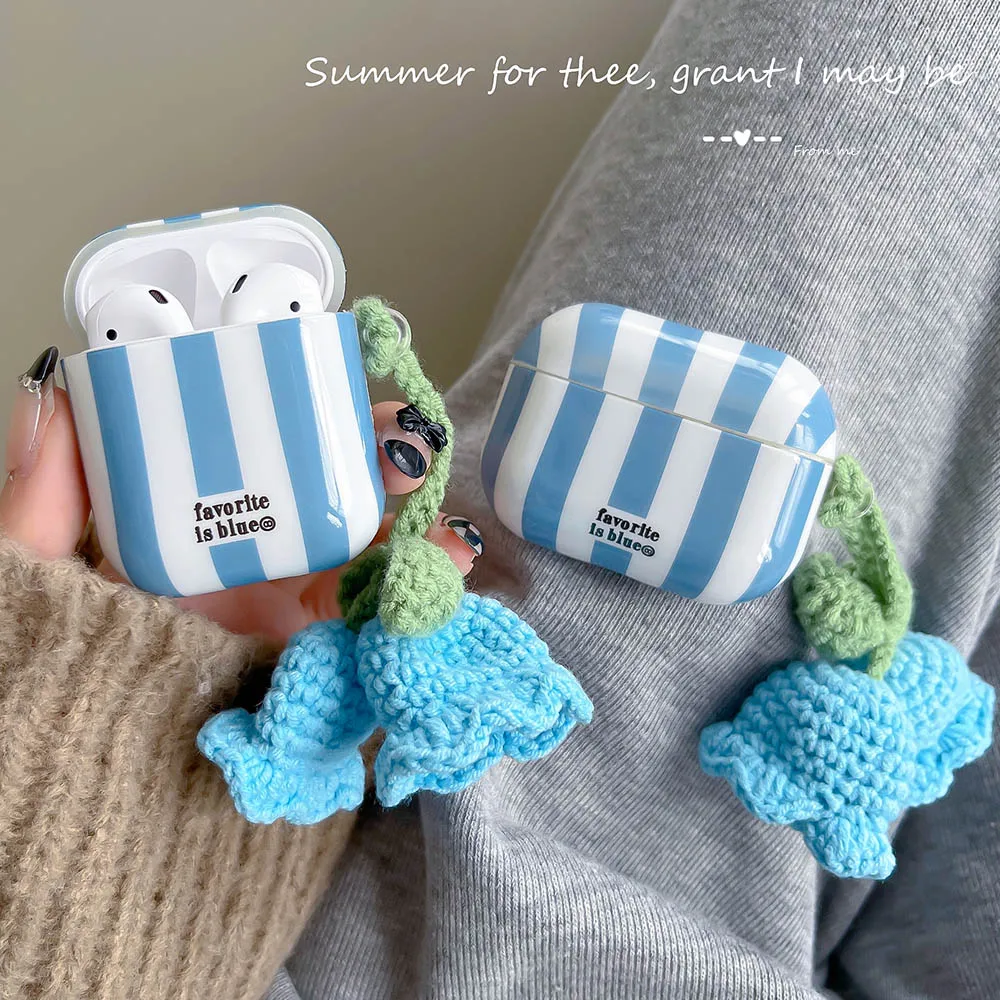 

Blue Stripes Knitted Flower Silicone Cover For AirPods Pro 3 IMD Wireless Bluetooth Earphone Case For AirPods 1 2 Cover Keyring