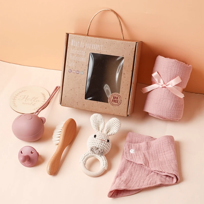 

Baby Bath Set Cotton Blanket Saliva Wooden Ring Crochet Rabbit Rattle Teether Toys Pacifier Container Bath Brush Newborn Gift