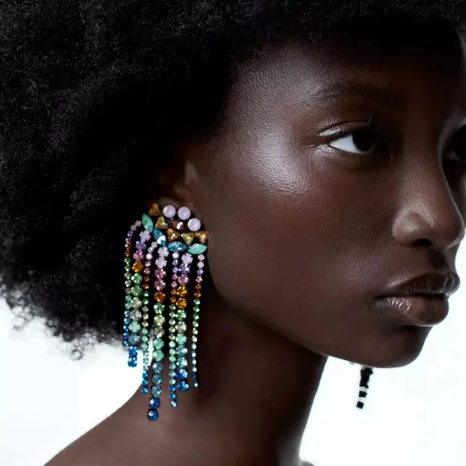 

Vintage Temperament Colorful Rhinestone Long Tassel Earrings for Woman Wedding Party Jewelry