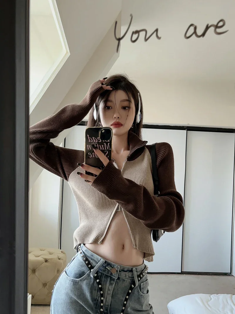 Укороченные лоскутные кардиганы женские тонкие шикарные на молнии в стиле ретро