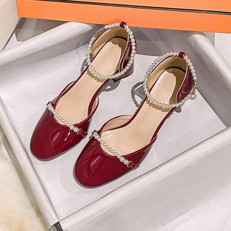 

High Heels Women's Summer 2021 New Sandals Women's Thick Heel Pearl One-word Buckle Mary Jane Small Size Shoes Platform Sandals