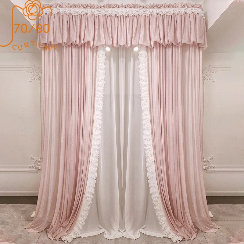 

Custom French High-end Pink Romantic Lace Stitching Princess Style Curtains for Bedroom Living Room Pearl Window Screen