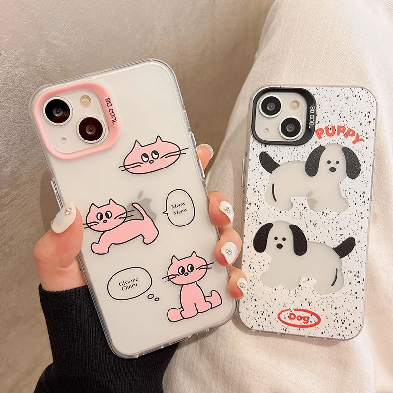 

Cute Cartoon Cat Dog Case For iPhone 14 Pro Max 13 12 11 Clear Soft Bumper Hard Back Cover Shell