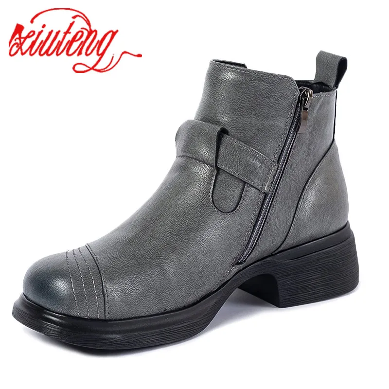 

Xiuteng New Ankle Boots Women's Winter Round Toe Thick-Heeled Women's Boots Handmade Real Cowhide Soft-Soled Leather Boots Women
