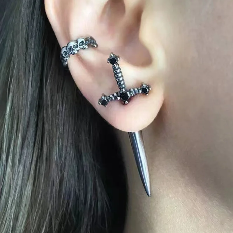 

New Gothic cross sword Kinitial Women's wear harsh nails retro do old crystal drill dagger men's earrings couple earrings