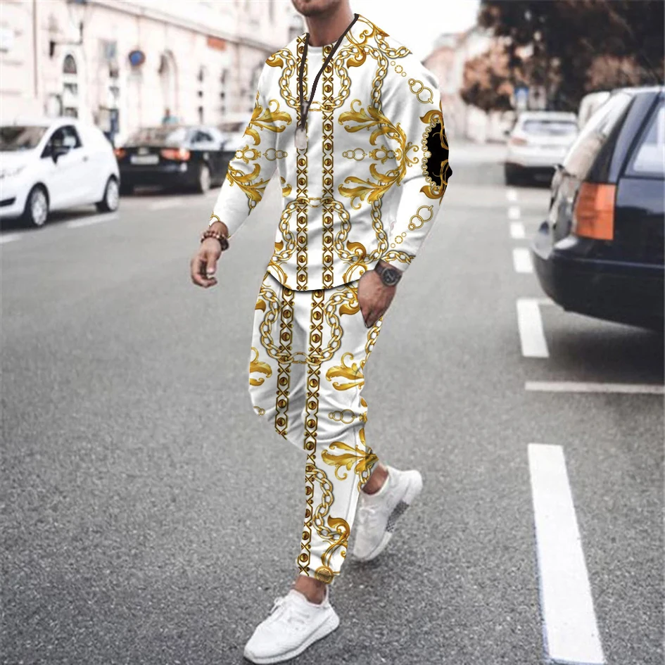 Tracksuit Set Men 2 Piece Men's Clothing Suit Ice Silk Summer Streetwear Luxury Vintage 3D Long Sleeve Printed Man Sportswea