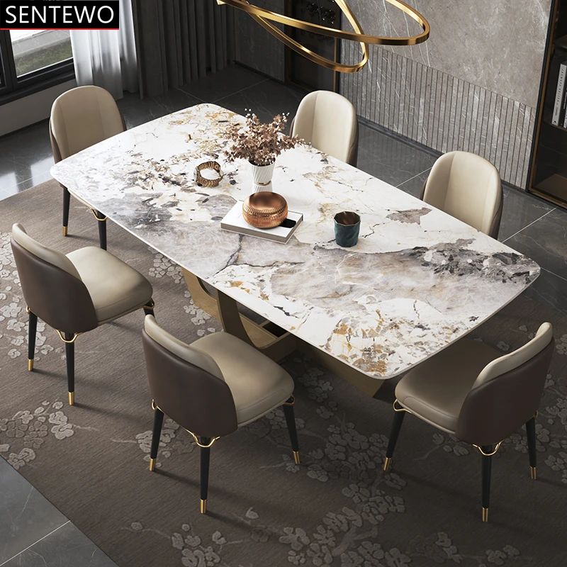 

Ltalian Rock Slab dining room table dinning chair set Carbon steel base Faux Marble table dinner chair set arredamento mobili