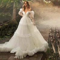 princess tulle wedding dress for women v neck puffy sleeves ruched bridal gowns zipper sweet brides dresses vestido de noiva