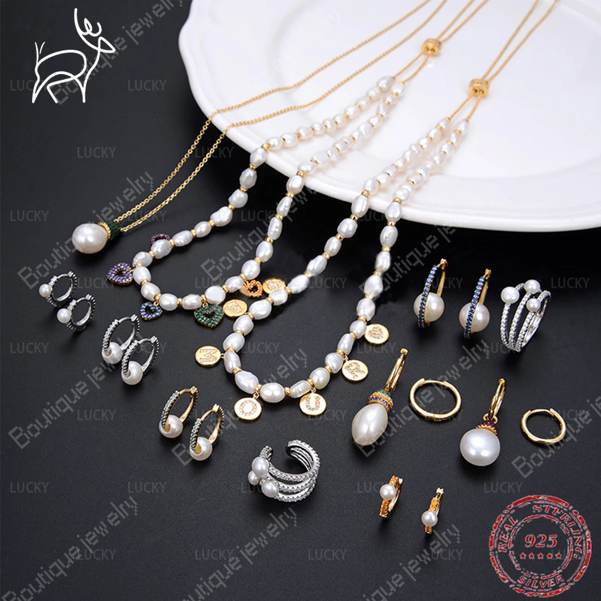 

Luxury S925 Sterling Silver Pearl Heart Necklace Earring Ring Clavicle Fashion Temperament Jewelry, Women's Jewelry