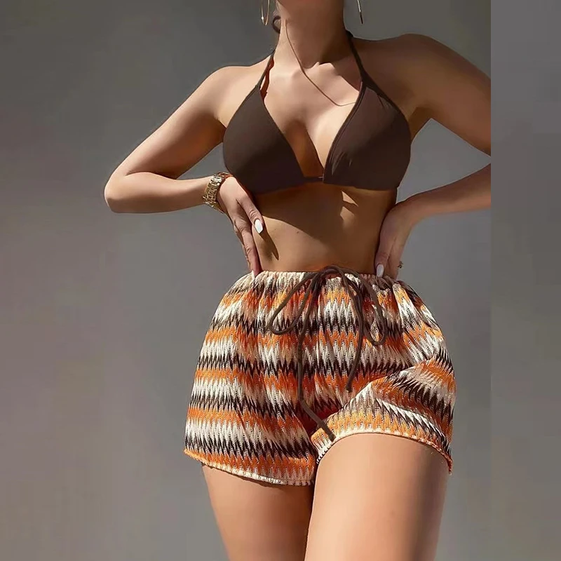 

Fashion Backless Push Up 3pc Swimwear Suit Sexy Triangle Bag Halter Lace-up Bikini+Print Boxers Suit Women Holiday Beachwear Set