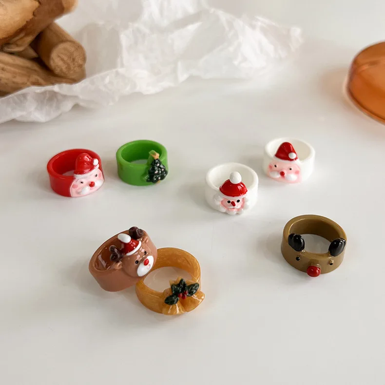 

2022 New Santa Elk Snowman Xmas Tree Christmas Resin Ring Female Personality Cute Cartoon Lovely Ring Xmas Jewelry Gifts
