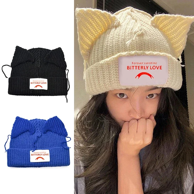 NEW Cute Cat Ear Knitted Wool Hat Women Fashion Hooded Cap Beanies Winter Warm Pig Ear Woolen Hats Design Personality Bonnet
