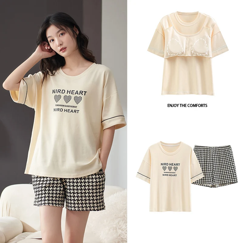 Home Suit for Women Pajamas Summer Loose Sleepwear 100% Cotton Luxury Thin Pyjama Set Elegant 2 Pcs Short Sleeve Free Shipping
