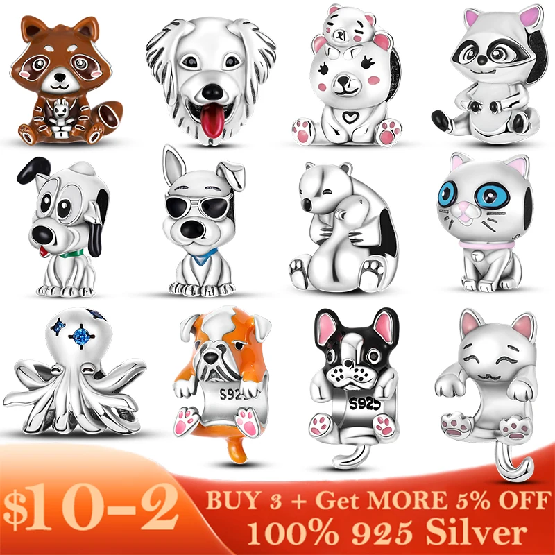 Бусины в виде животных подвески серебряного енота медведя милый слон собака