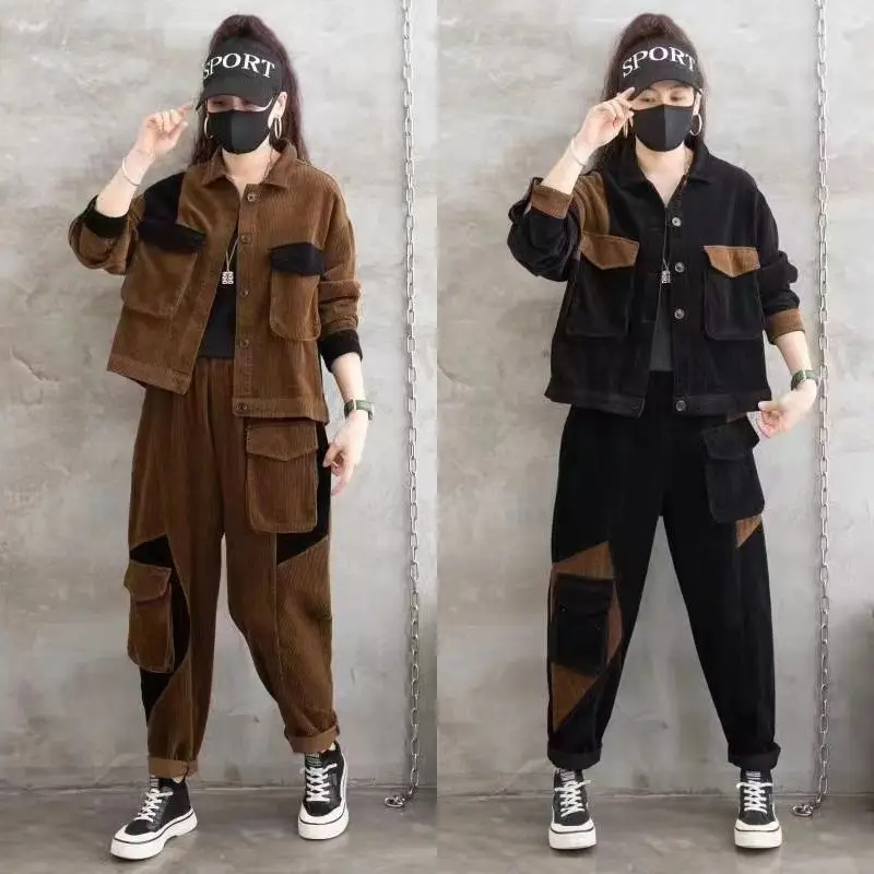 

Women's Fashion Sports Sweater Suit Autumn Female Loose Single Button Top and Pants Two Piece Set Ladies Two Piece Pant Sets G22