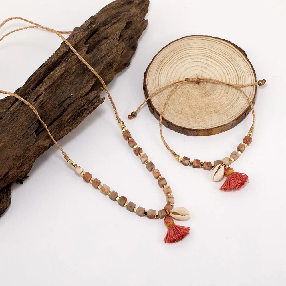 

Boho Ethnic Tassel Shell Women Bracelet Necklace Simple Fashion Natural Stone Hand Woven Charm Necklace Bracelet Set Jewelry