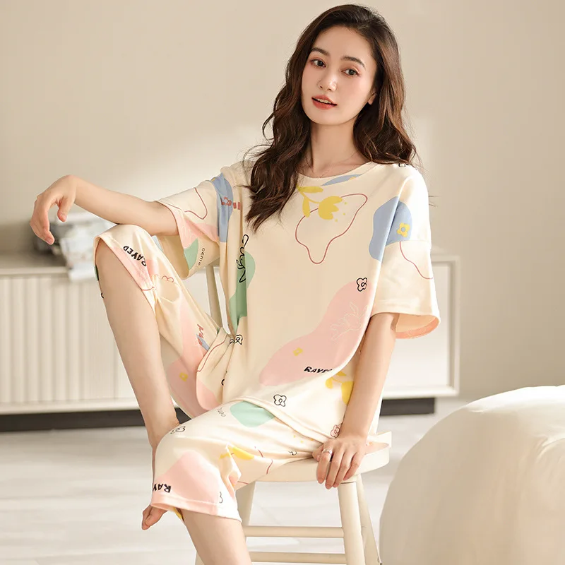 Pajamas Women's Cotton Summer Short-sleeved Cropped Pants Comfortable and Cute Casual Home Suit with Round Neck Soft Loungewear
