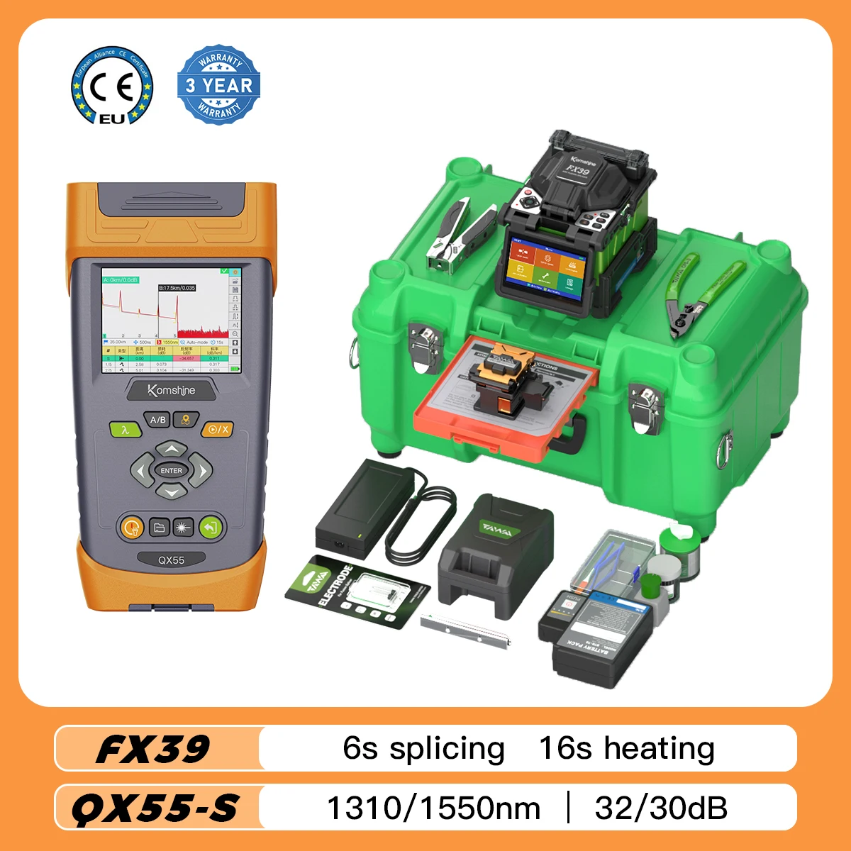 6 Motors Fiber Fusion Splicer Komshine FX39 Fast Splicing Time + Singlemode OTDR 1310/1550nm 32/30dB With OPM, VFL, Light Source