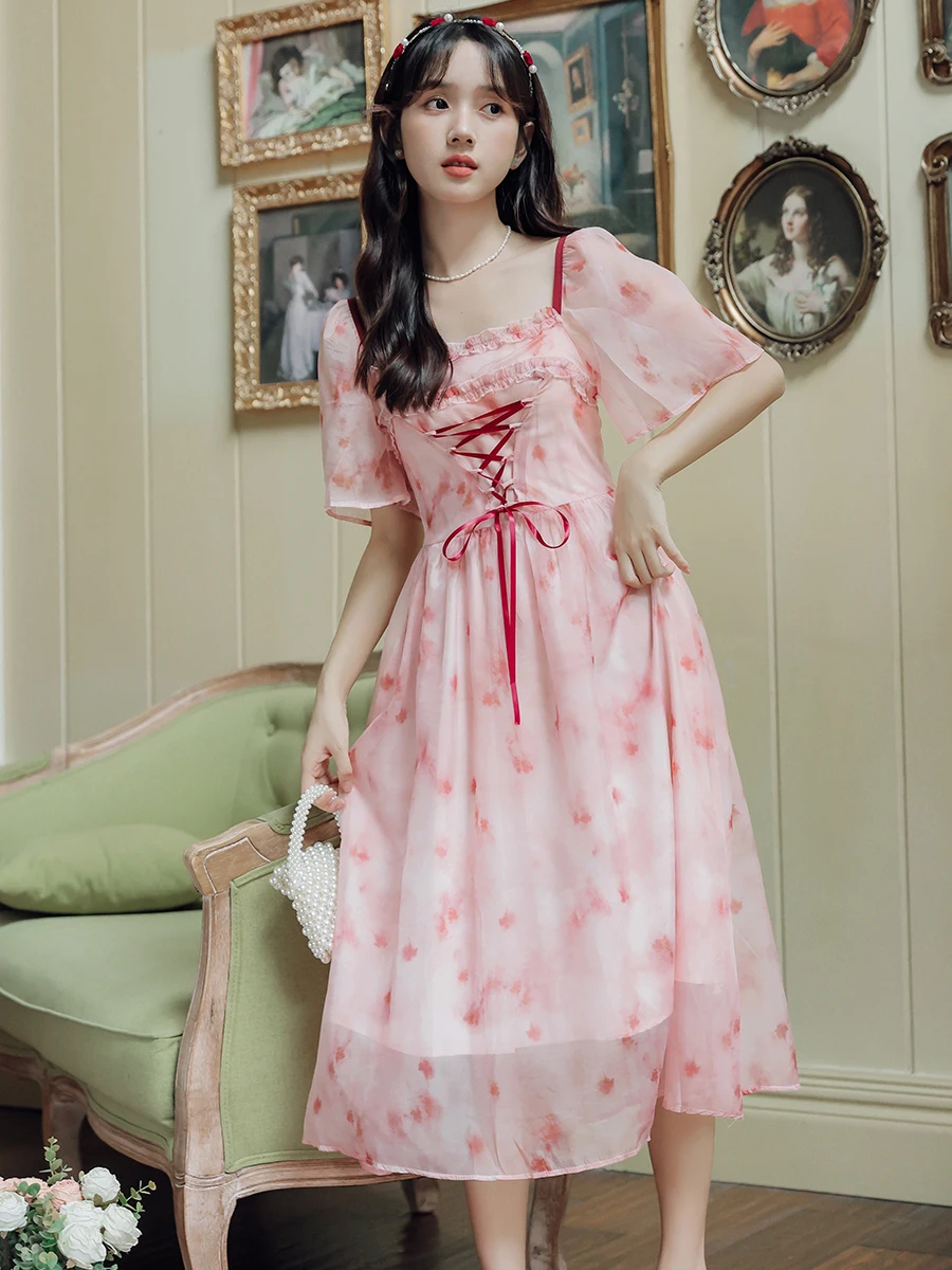 

Женское платье с коротким рукавом, розовое платье в дворцовом стиле с квадратным вырезом и принтом, а-силуэт, юбка до середины икры для молодых девушек