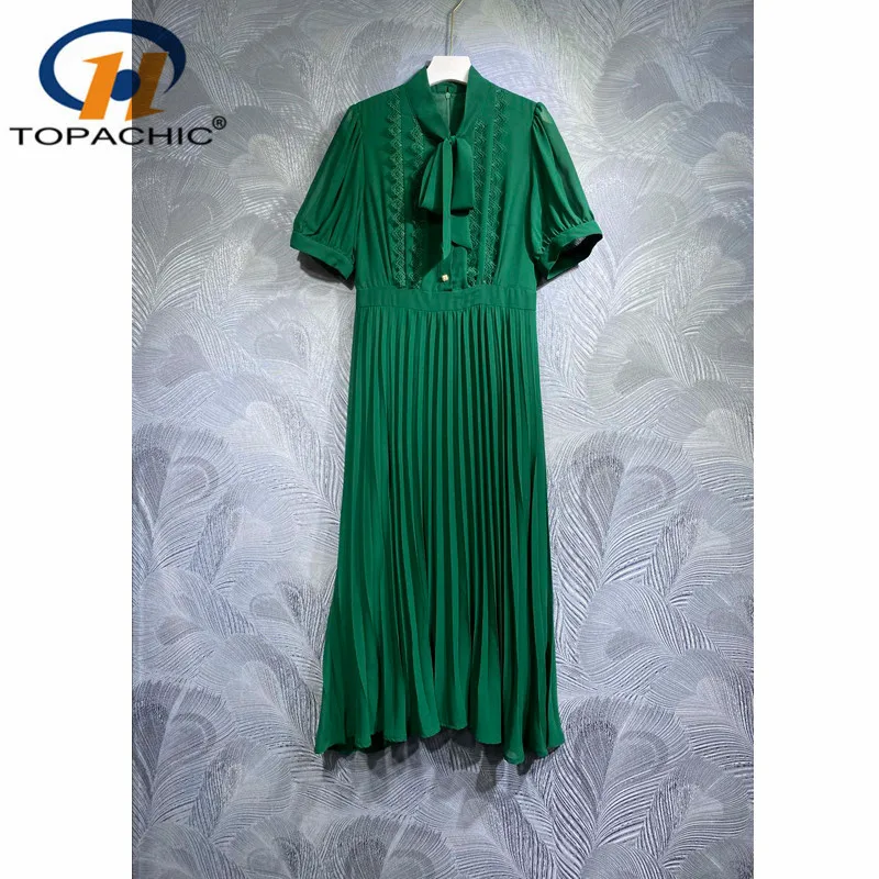 

4.21 High Quality Solid Color Elegant Stand Collar Bow Lace Decoration Pleated Short Sleeve Midi Dress Women