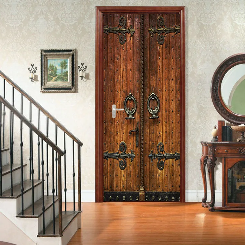 

Chinese Retro Wooden Door Stickers 77x200cm Old Lock PVC Door Mural DIY Home Decor Decals Creative PVC Wallpaper For DIY Renew