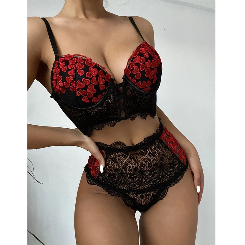 

115D Big Cups Sexy French Lace Embroidery Brassiere Lingerie Set Women's Underwear Set Thin Bralette Deep V Bra and Panty Set