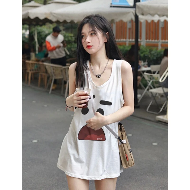 

Korean Cartoon Cute Sports Undershirt Female Summer Loose Round Neck Long Tops Ladies Youth Summer Sportswear Sleeveless T-shirt