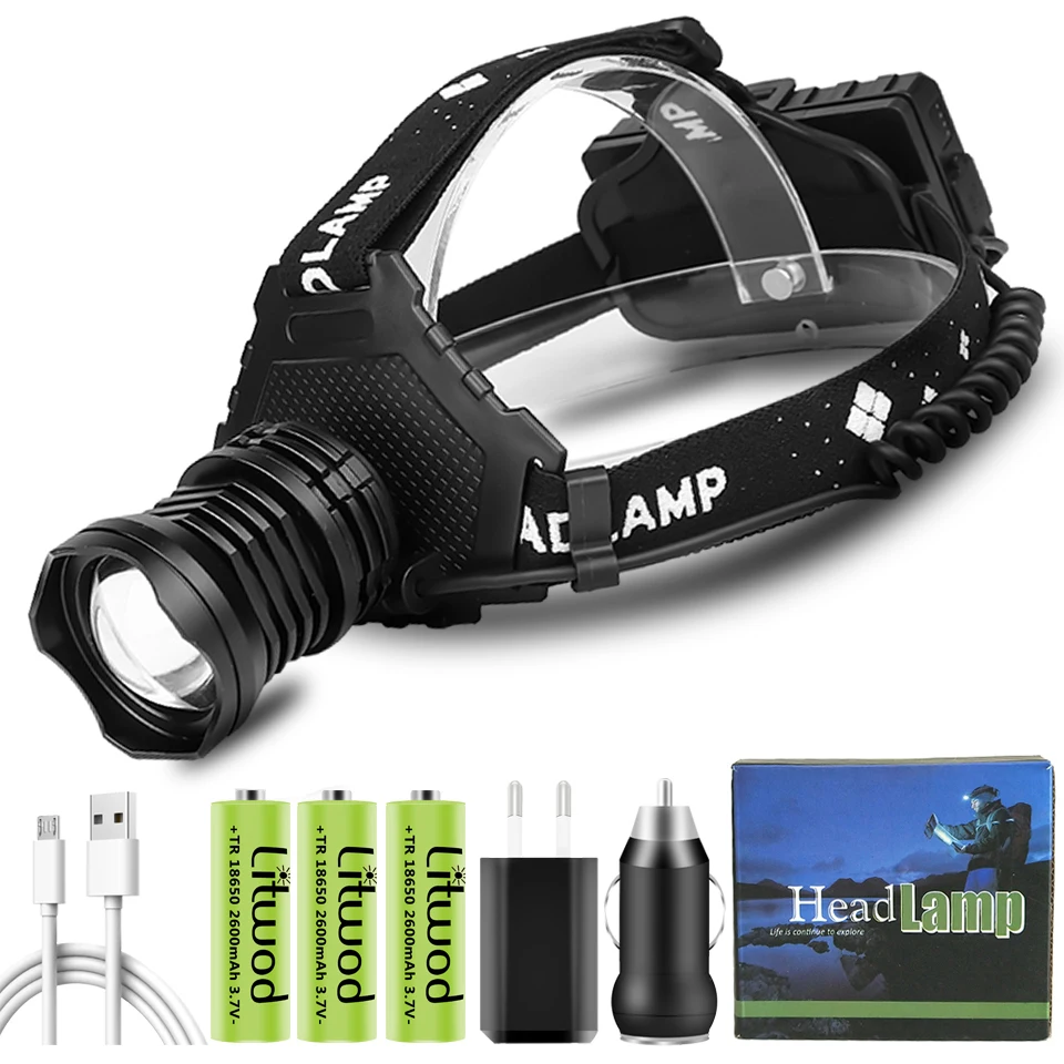

XHP160 1,000,000LM Led Headlamp Headlight Powerbank Head Flashlight Lamp Zoomable Lithium Ion 18650 Battery 10 Hours Litwod