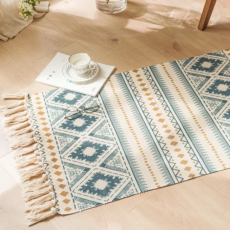 

Home Boho Decor Geometric Patern Tassel Bohemia Handmade Cotton Macrame Anti-slip Woven Mat Doormat Floor Bath Rug Carpet 60x90