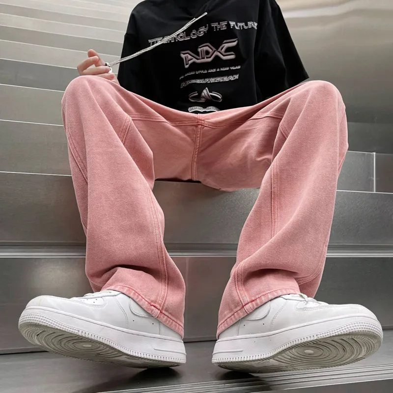 Baggy Pink Jeans Men's Fashion Harajuku Casual Straight Jeans Men Streetwear Loose Hip Hop Denim Pants Mens Trousers S-3XL
