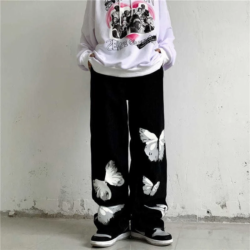 

Women Jeans Black Butterfly Baggy Wide Leg Pants Goth Punk Cargo Trousers Casual Harajuku Straight Female Clothes Bottoms 2022