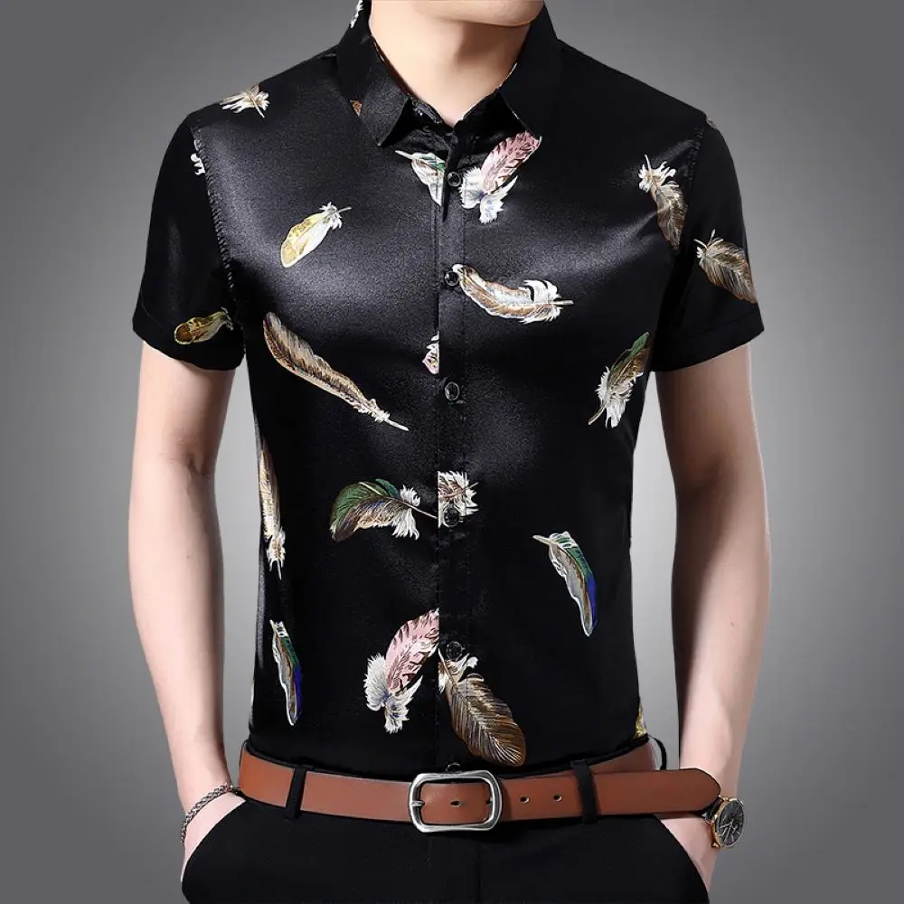 

COODRONY New Summer Men Fine Workmanship Short Sleeve Fashion Korean Feather Print Tops Soft Light Skin Durable POLO-Shirt W5587
