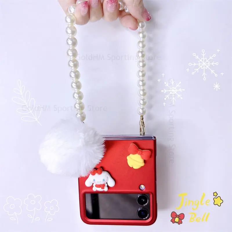 Capa For Samsung Z Flip 4 5G 3D Cartoon Christmas Matte Phone Case For Galaxy Z Flip4 3 5G Pearl Bracelet Chain Wriststrap Cover