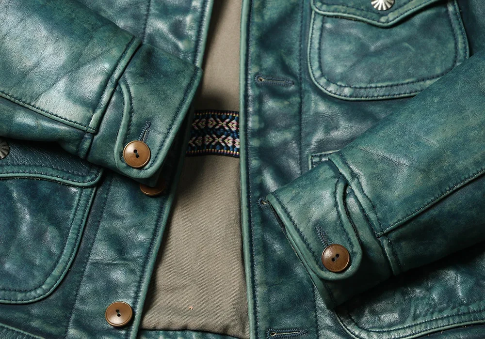 Мужская кожаная куртка Blunt Razor небесно-голубого цвета в стиле ретро потертая RRL