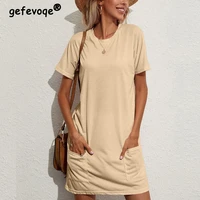 2022 new summer womens o neck solid short sleeve simple style beach dresses loose pockets basic casual loose t shirt mini dress